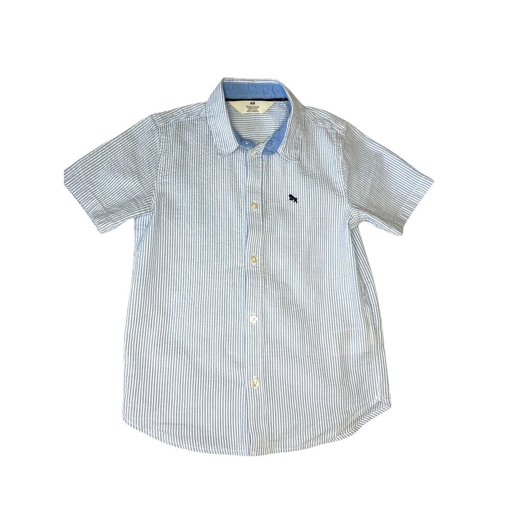 👔 H&M Boys Blue Seersucker Short Sleeve Button-Up — Size 7 ✨